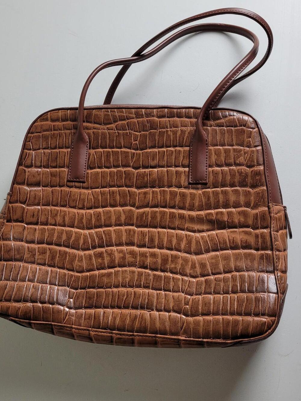 Valley Lane Brown Leather Crocodile Top Handle Handbag Zip Pocket Square Purse